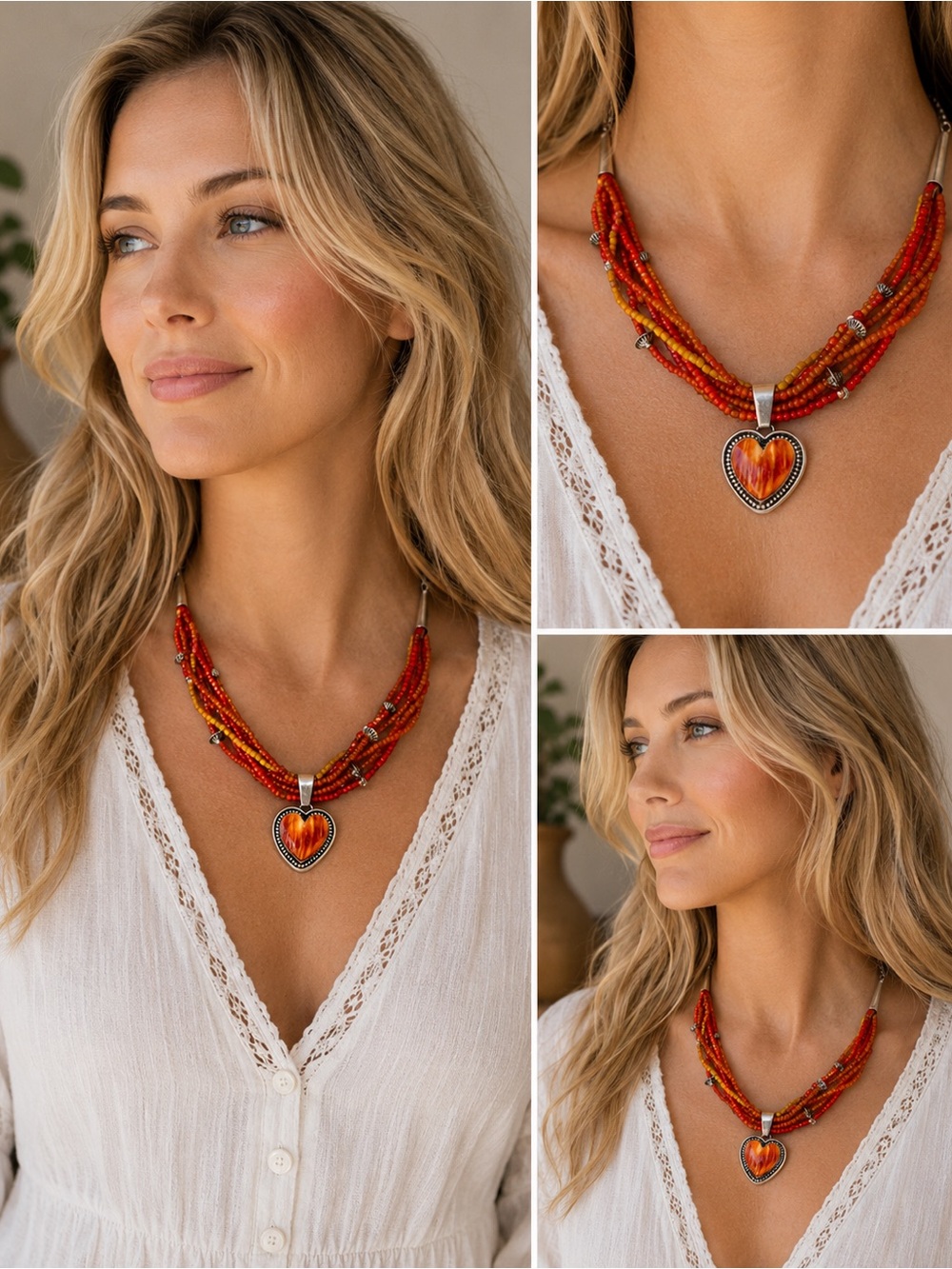 Vintage spiny oyster and sterling silver heart w/ Mexican fire opal bead choker